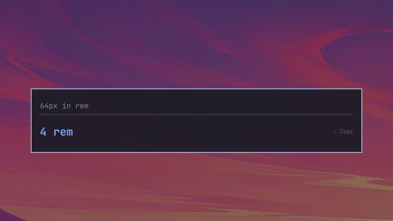 64 pixels converted to 4 rem in OmaQuickCalc