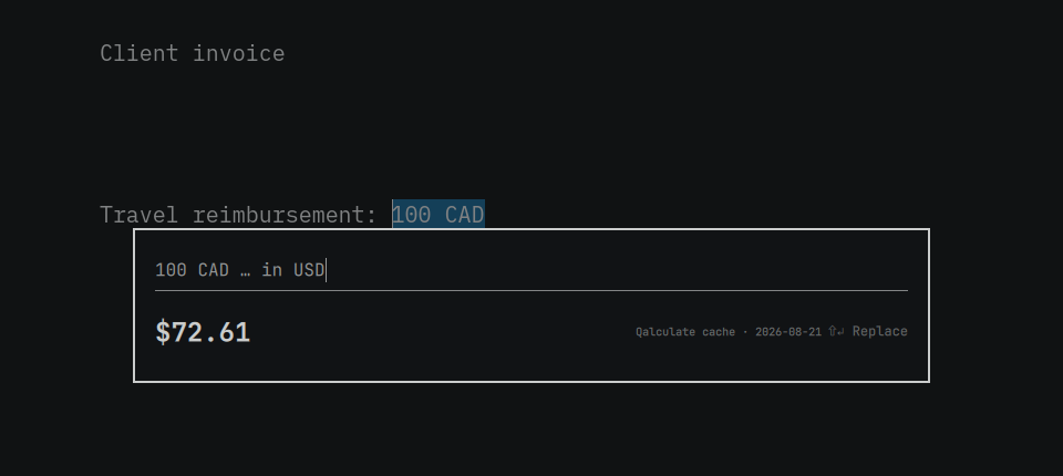 OmaQuickCalc converting the selected 100 CAD to 72.61 USD