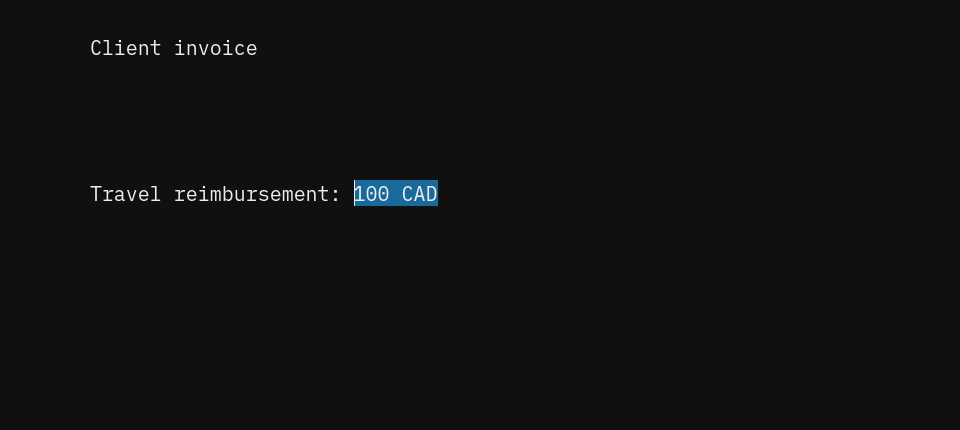 100 CAD selected in an Omawrite client invoice