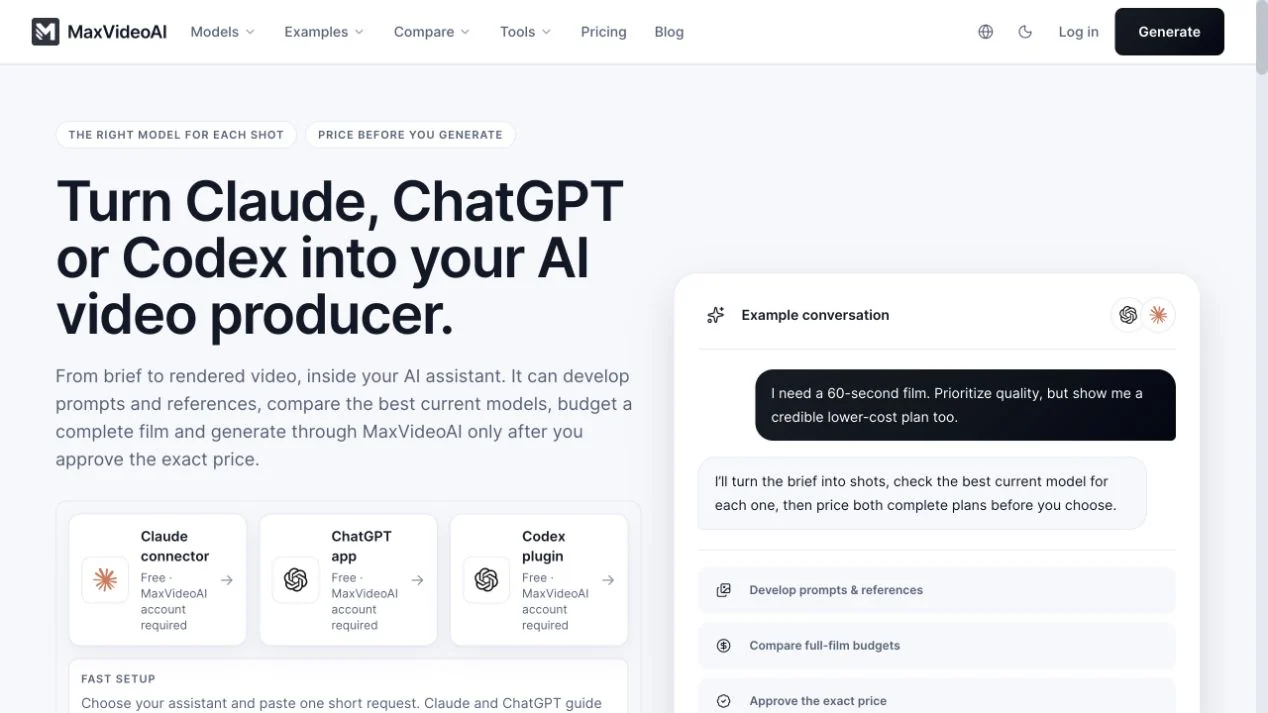 MaxVideoAI MCP page presenting Claude, ChatGPT, and Codex as equal paths beside a production-planning conversation