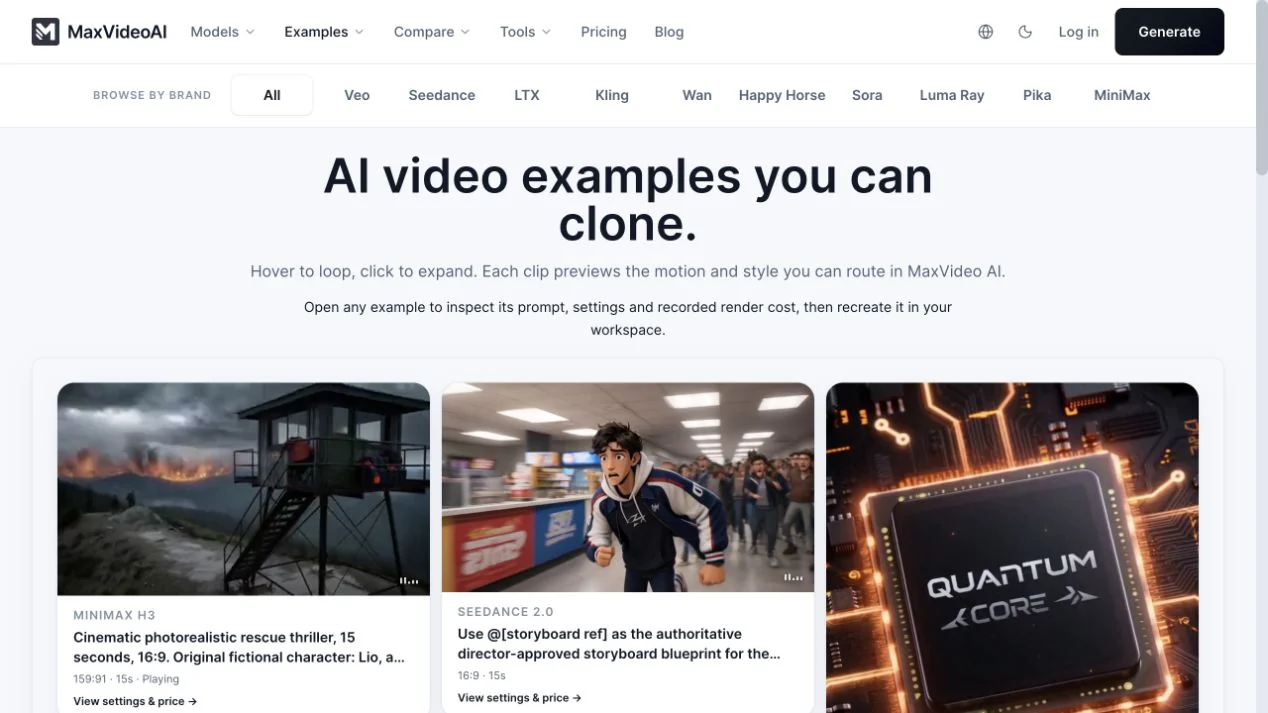 MaxVideoAI examples gallery with distinct cinematic rescue, animated character, and product-style AI video outputs