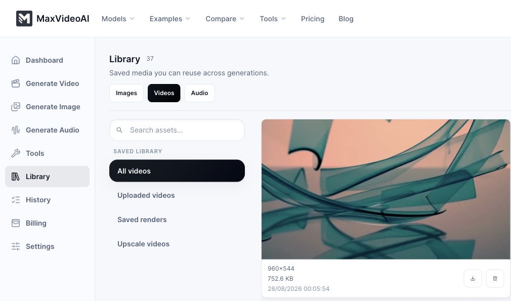 MaxVideoAI production Library with saved videos, media filters, and a reusable completed result