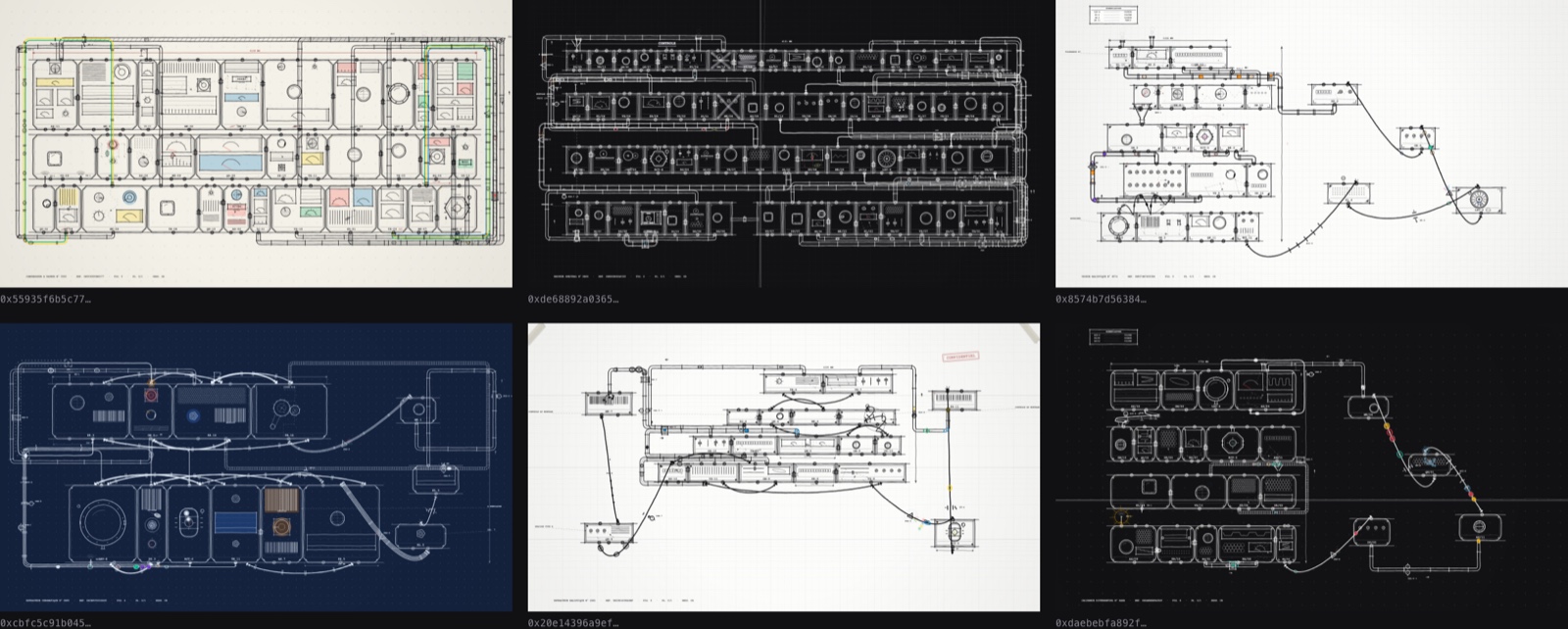 Contact sheet of six seeds from Impossible Machine, each labelled with its token hash