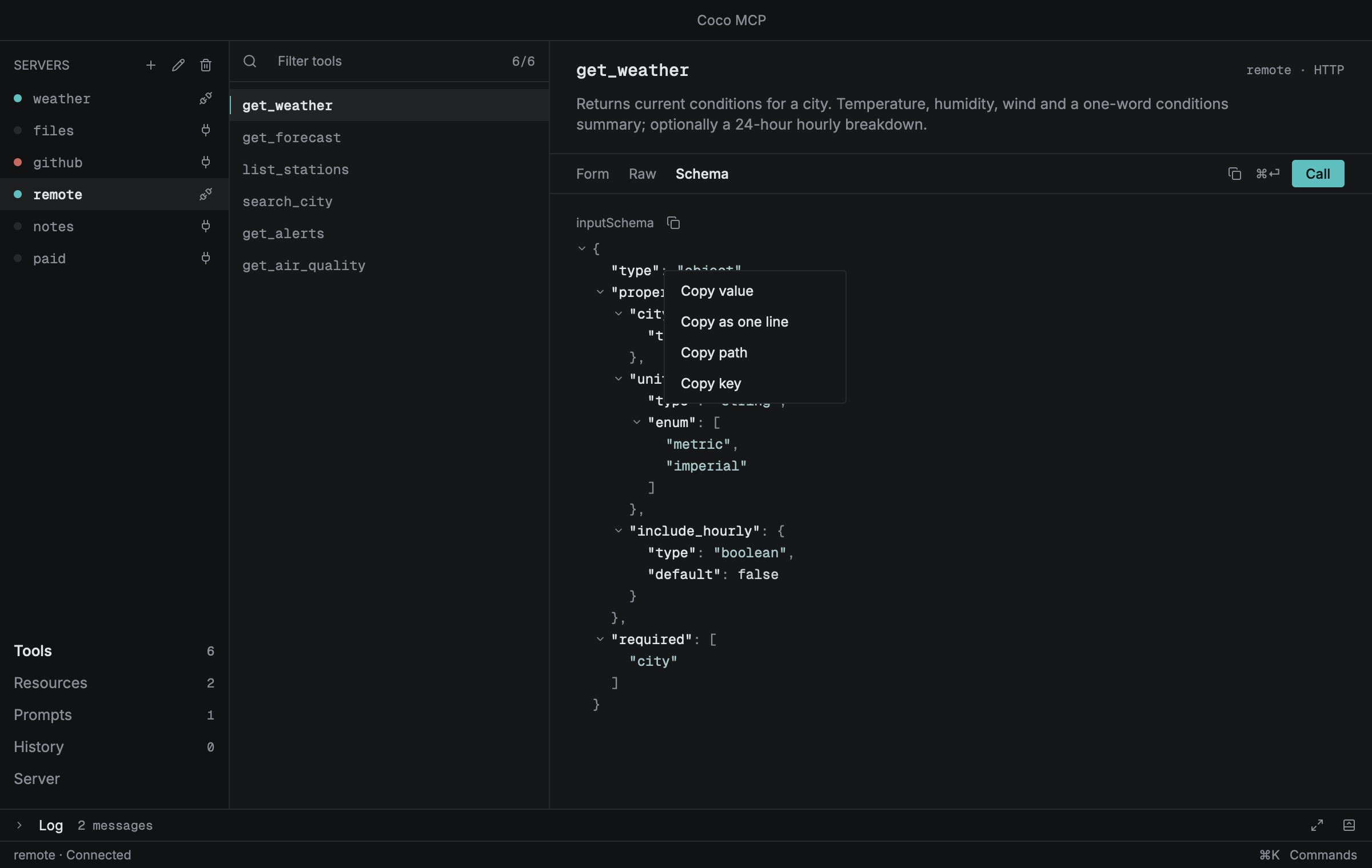The copy menu on a node of a tool's schema