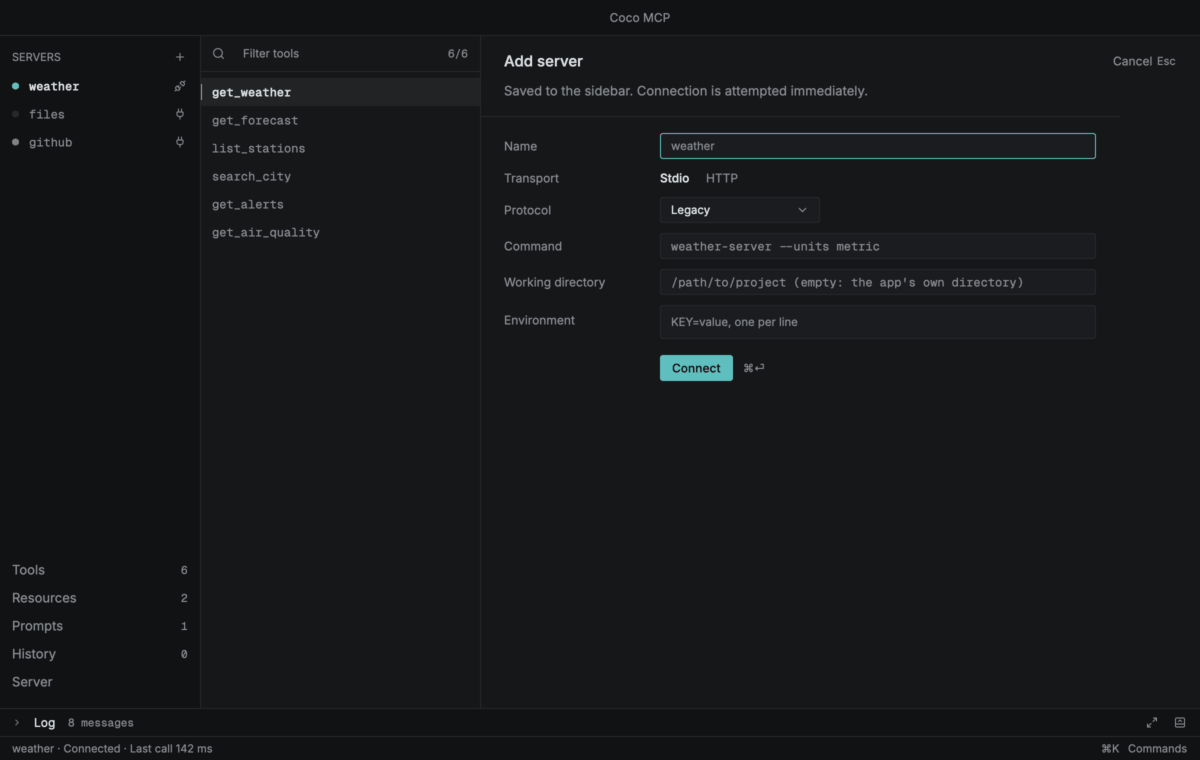 A tour of the window: adding a server, calling a tool, unfolding a log message, answering an elicitation, replaying from History, reading a diff, and the command palette