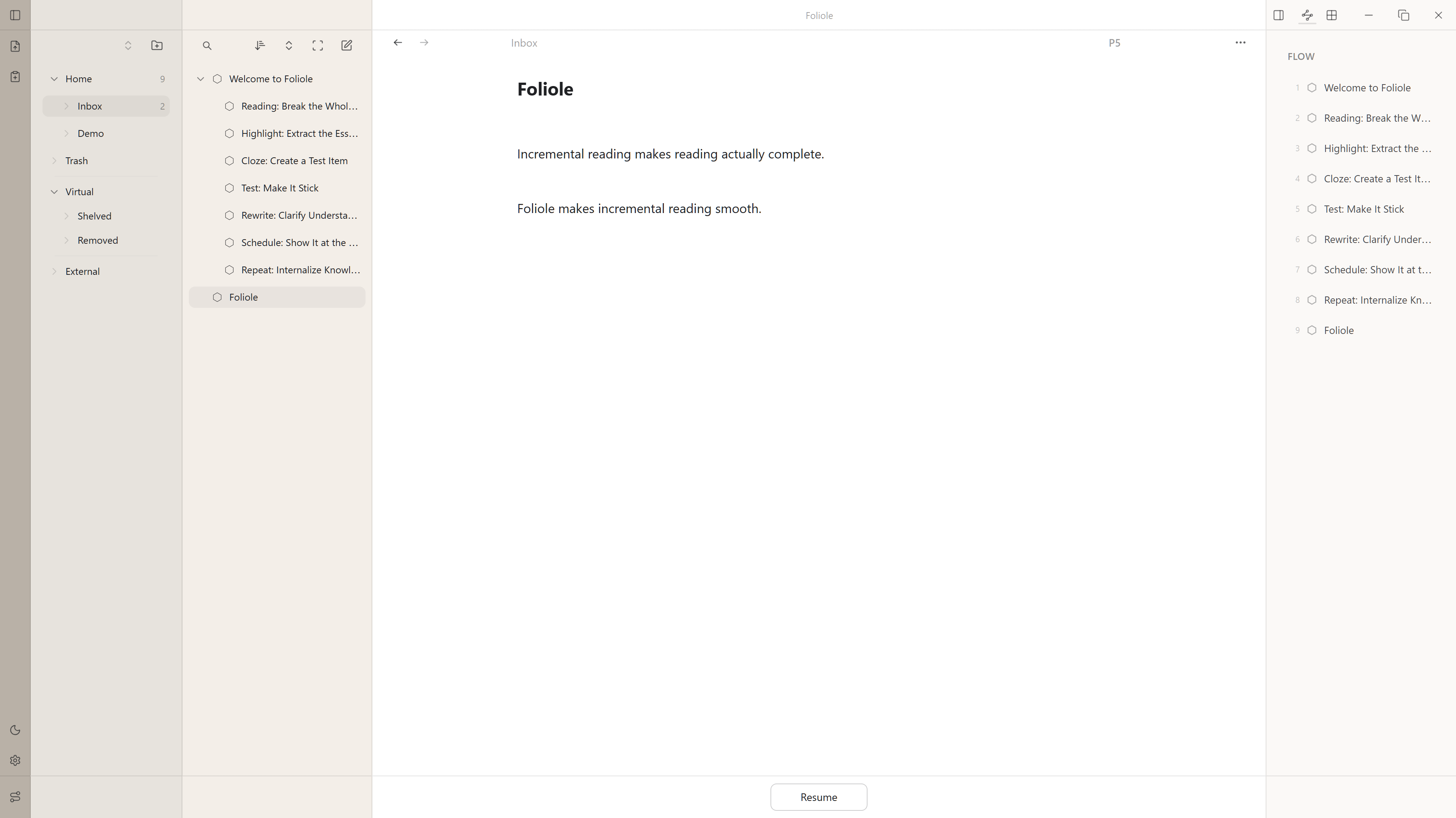 Foliole desktop app showing a document library, reading pane, and scheduling panel.