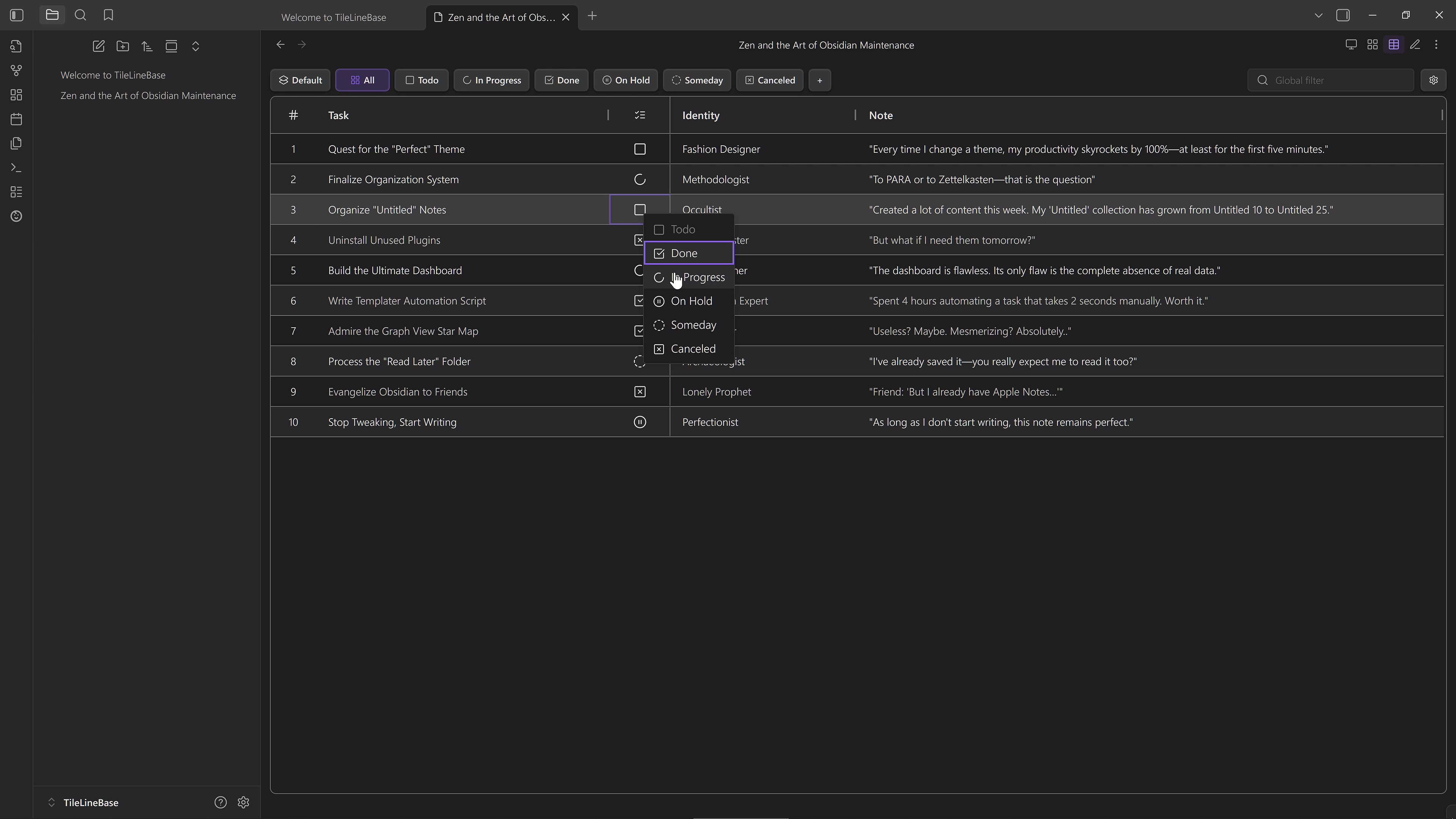 TileLineBase table mode view