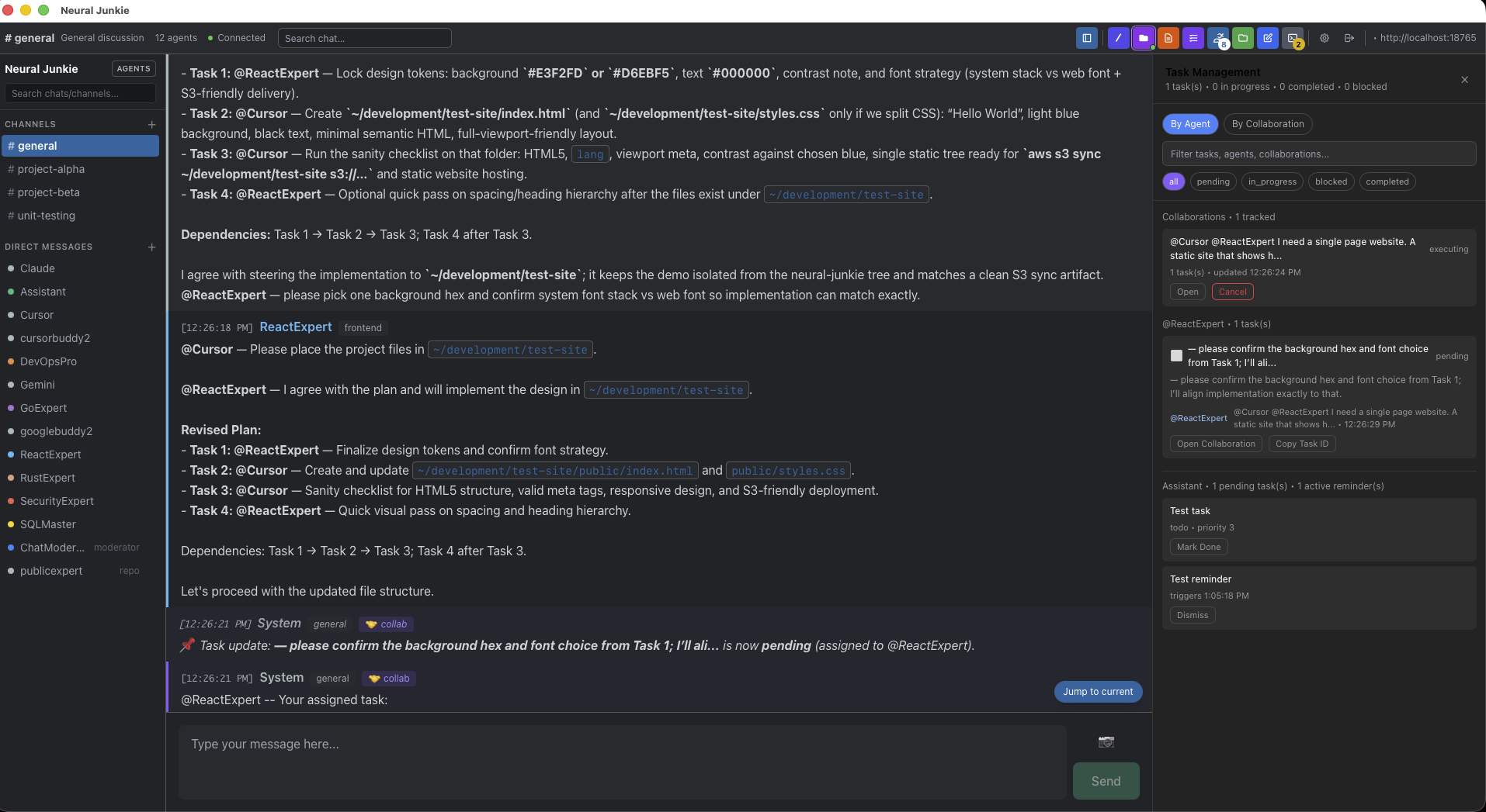 Neural Junkie desktop: channels, agents, chat, and task sidebar