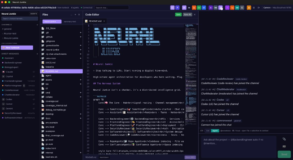 Neural Junkie desktop: files panel, code editor, multi-agent collaboration, and chat