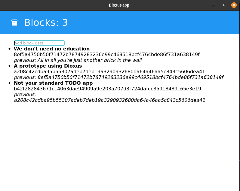 Preview of a list of block chain blocks