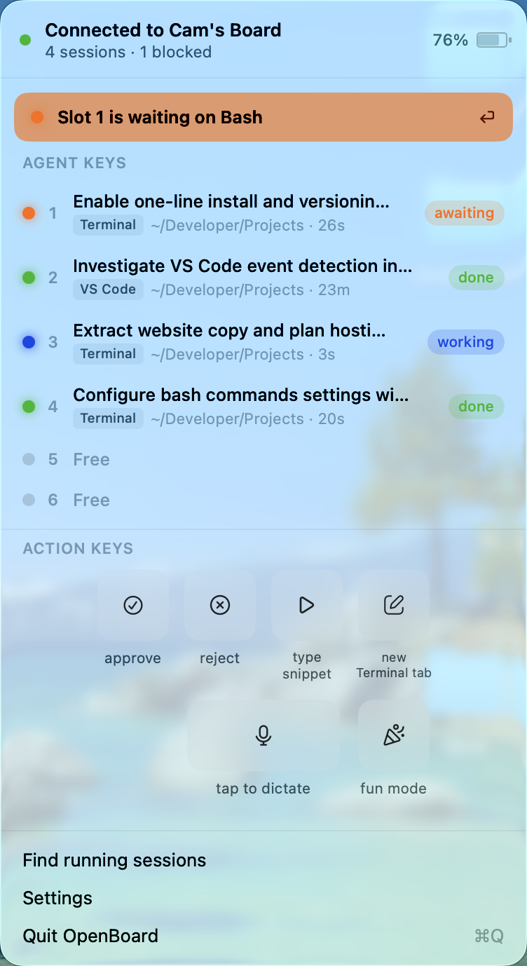 The menu bar popover: four live sessions, two waiting on a permission prompt
