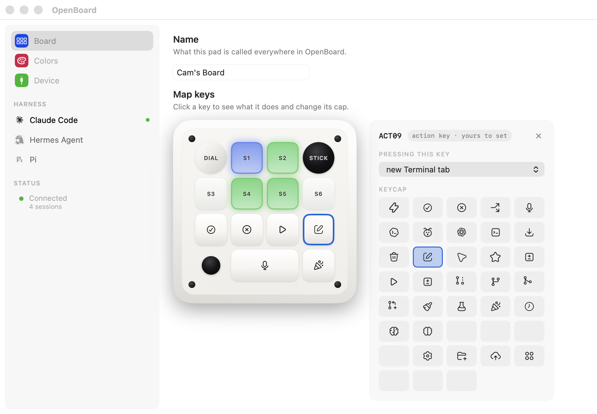 Settings: choosing a key's action and its keycap from the icon set