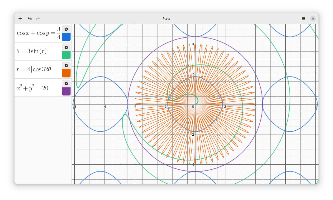 Screenshot of Plots, displaying polar and implicit graphs