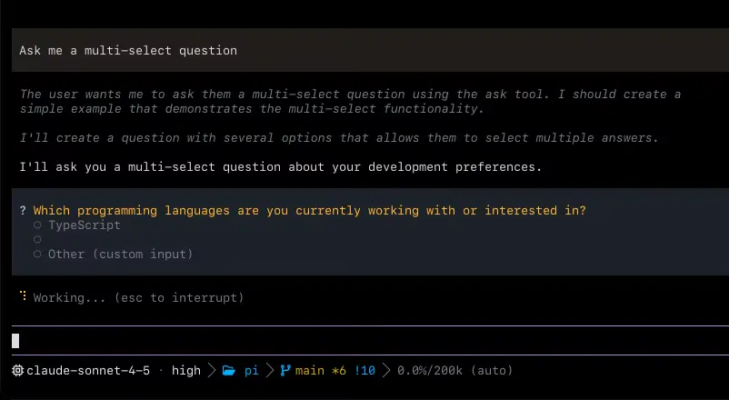 omp TUI showing a multi-select question from the ask tool.