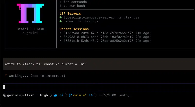 omp TUI with TypeScript and Biome language servers active.