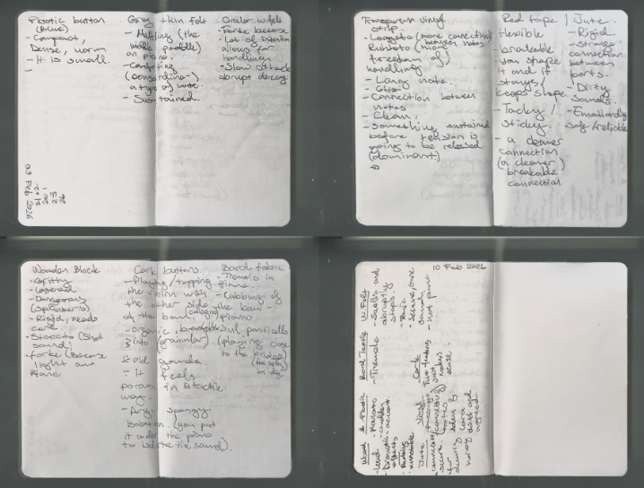 Scans of notebook pages showing classical music students exploring material properties in a participatory sense-making process, creating a lexicon of material language.