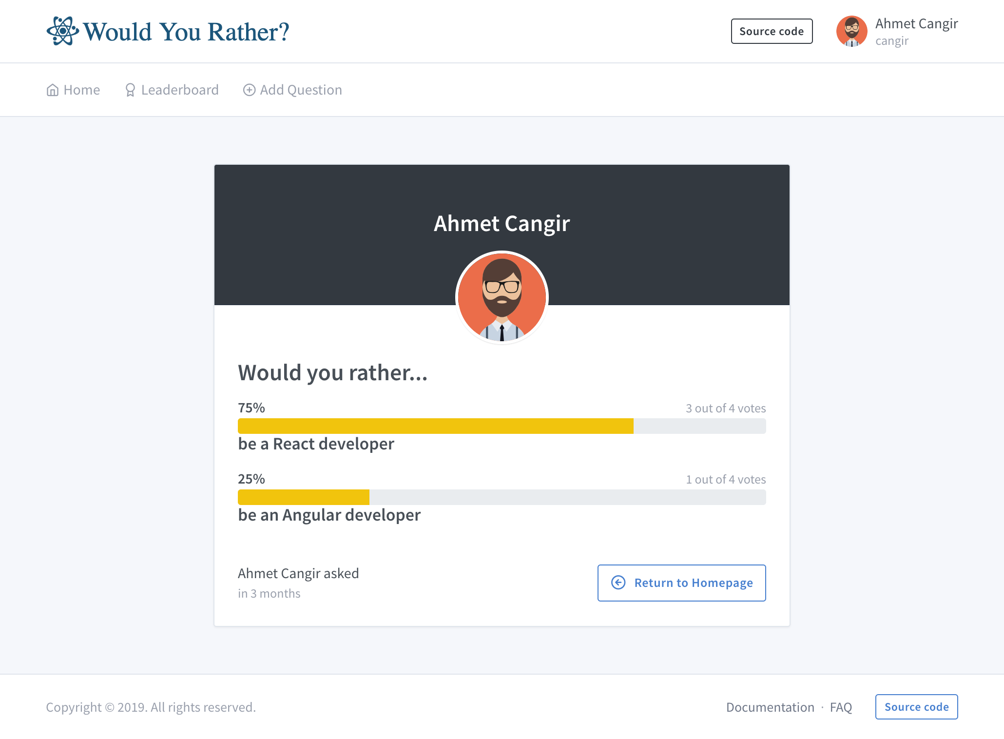 Udacity ReactND Would You Rather Question Result Page