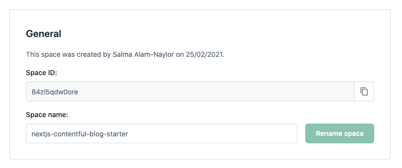 A screenshot of space ID settings in the Contentful UI