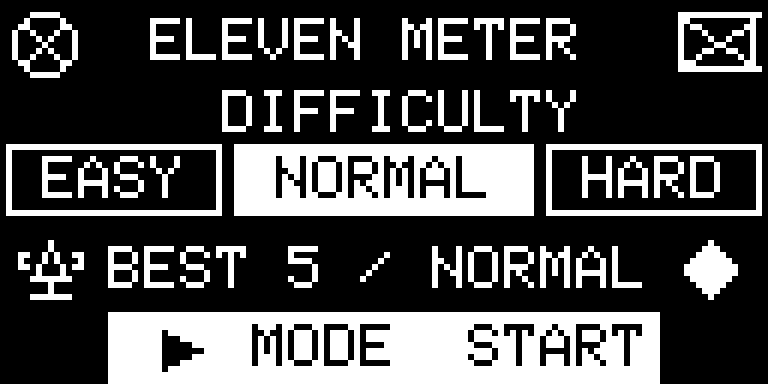OLED demo: menu, Hard difficulty, five rounds, loss, final score, and return to menu