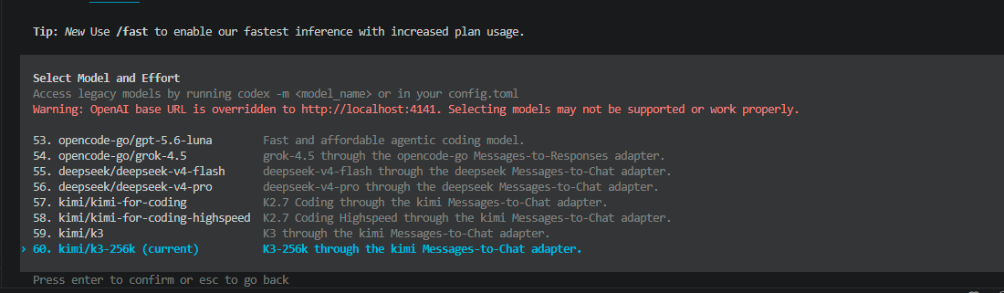Codex model picker showing models provided by the gateway