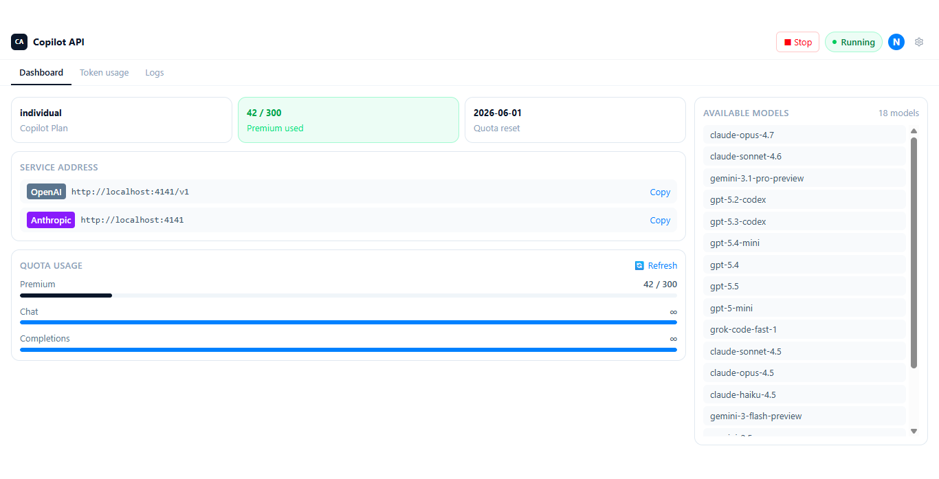 Copilot API desktop app dashboard