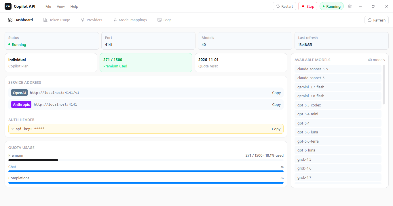 Copilot API desktop app dashboard