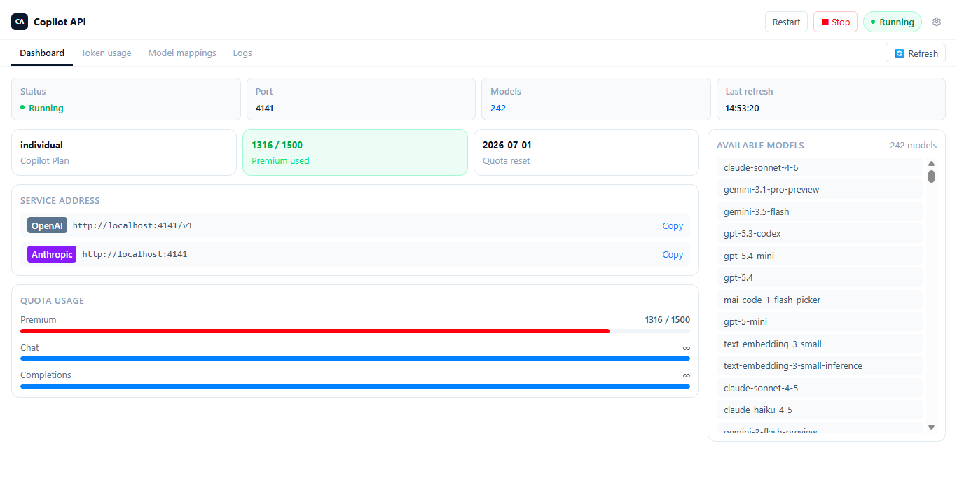 Copilot API desktop app dashboard