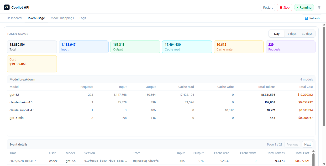 Copilot API desktop app token usage view
