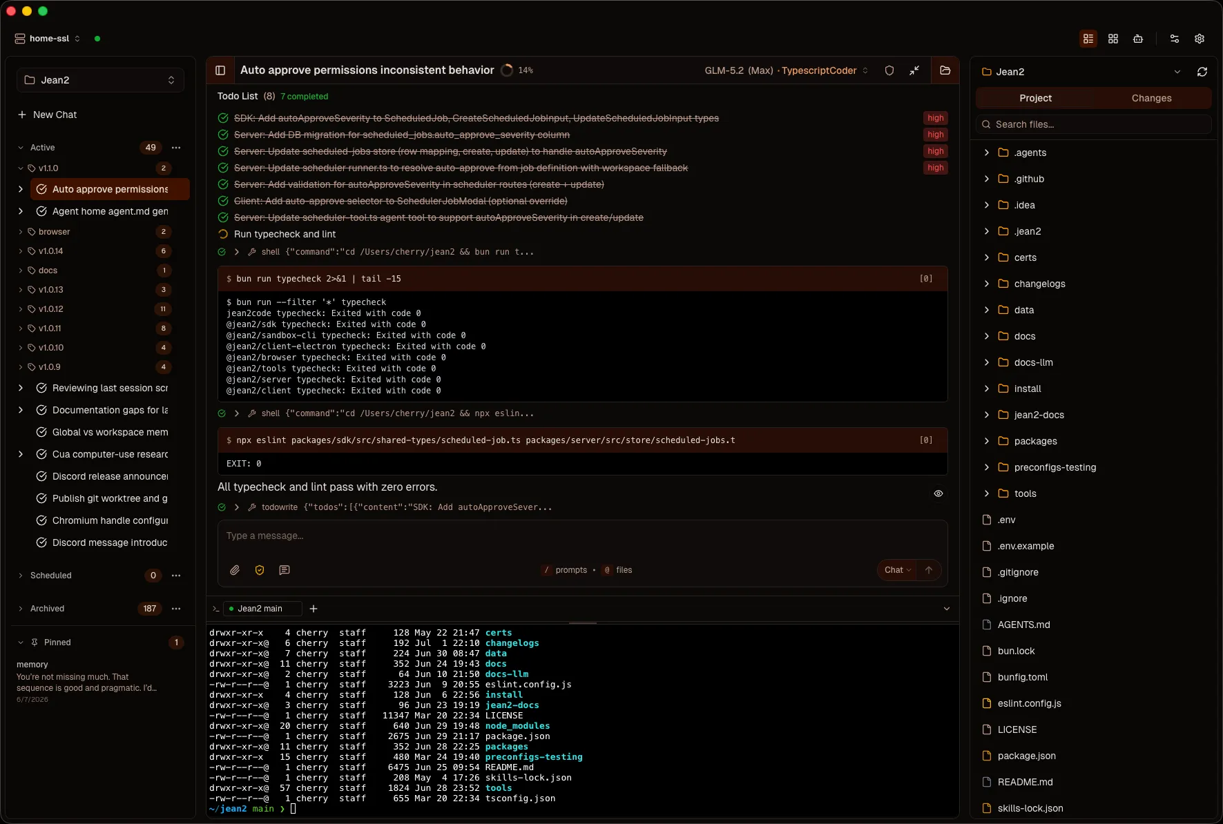 Jean2 desktop client - chat interface, workspace selector, and tool execution