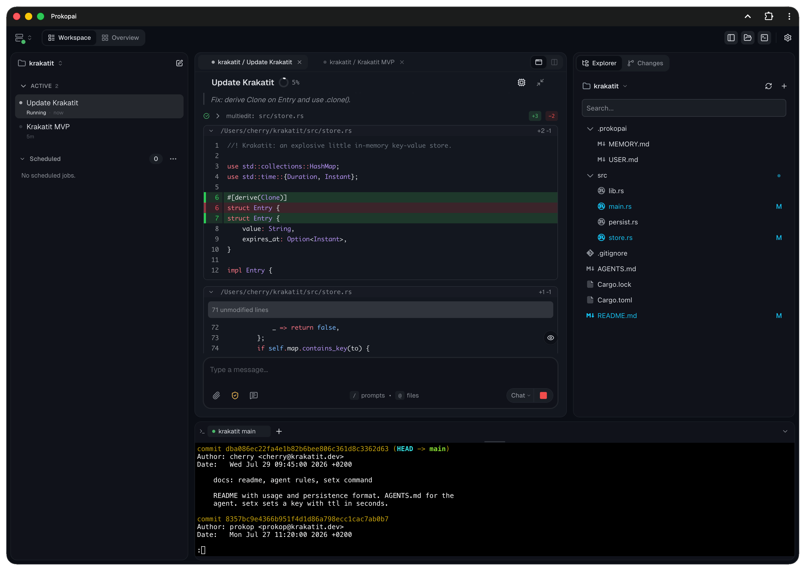 Prokop coding workspace with parallel sessions, project navigation, and visible tool execution