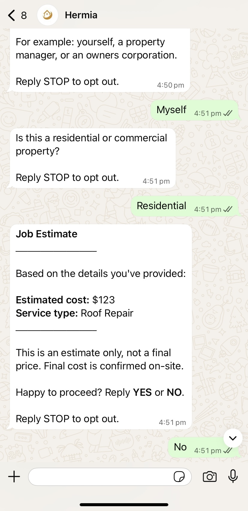 Estimate amount shown to the customer