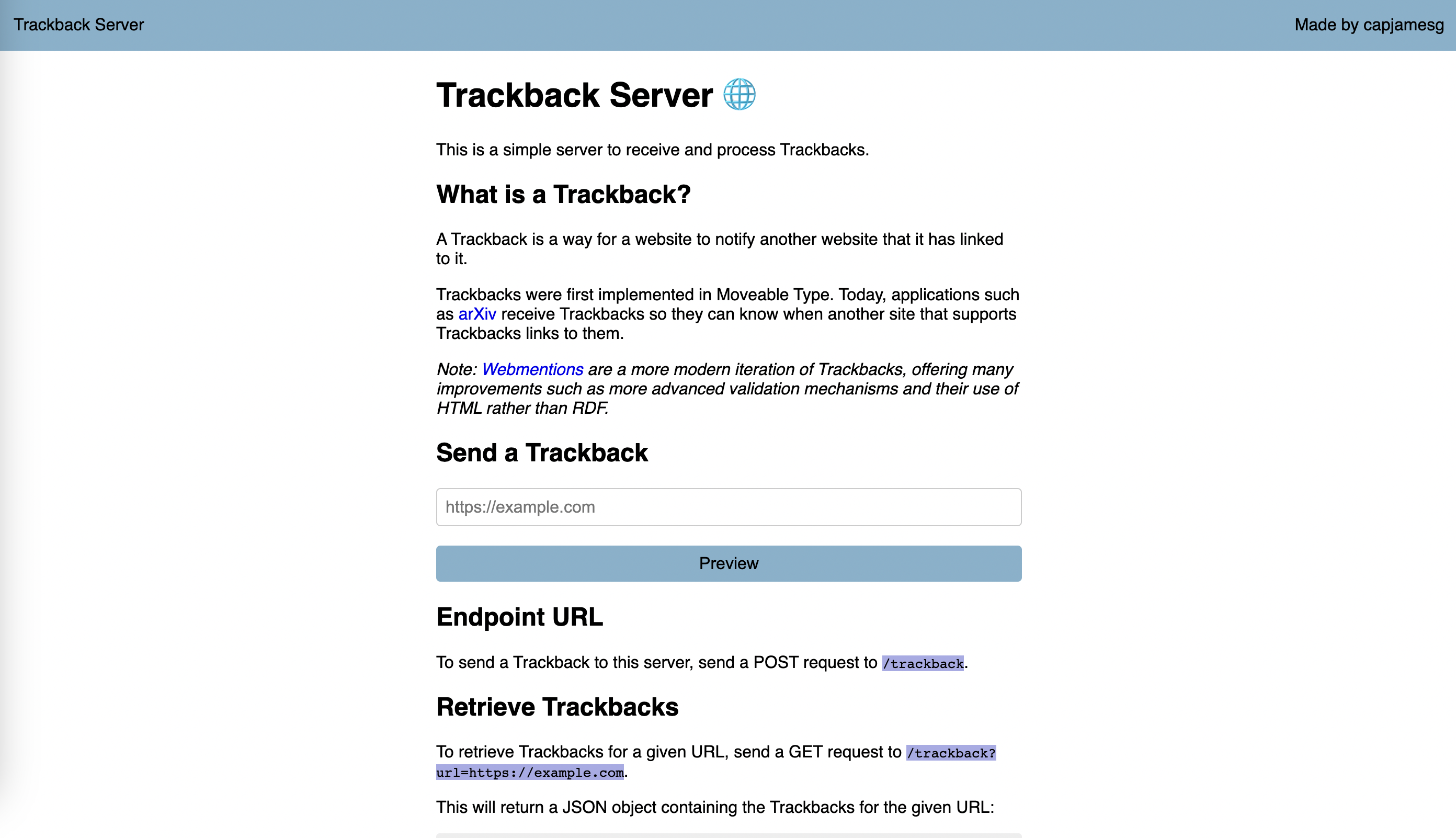 Screenshot of the Trackback Server