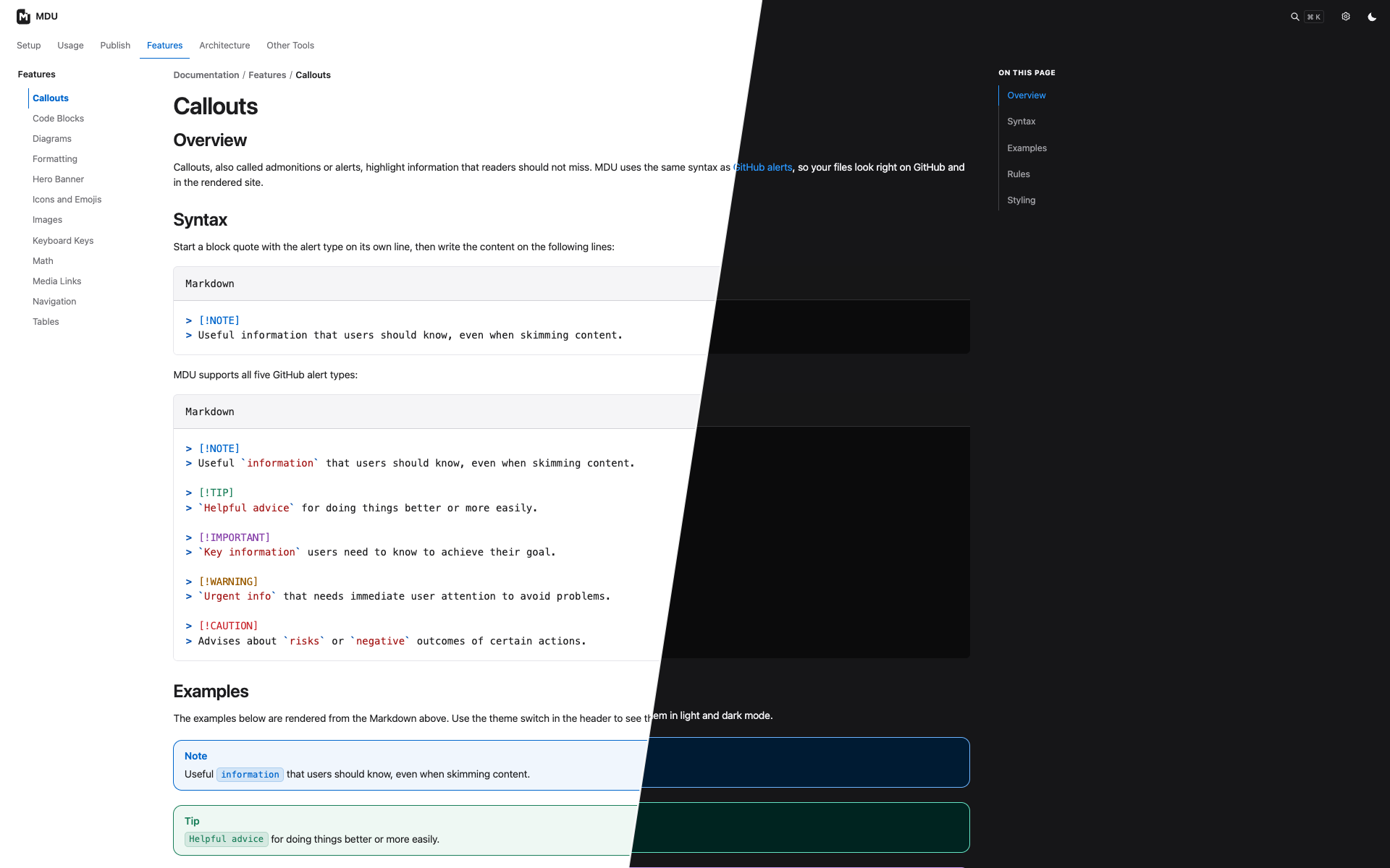 MDU Callouts documentation in light and dark themes, split diagonally