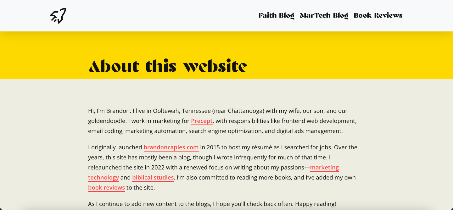 Screenshot of brandoncaples.com About page