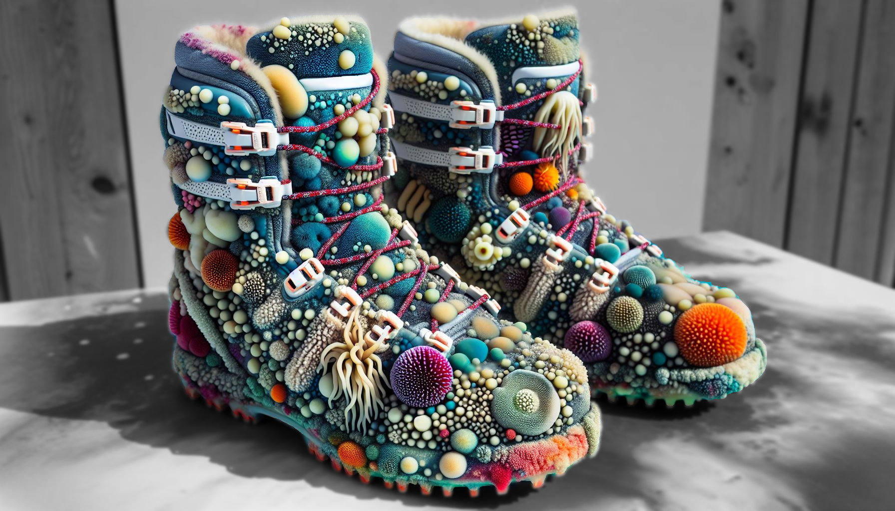 Boots covered in cartoony microorganisms