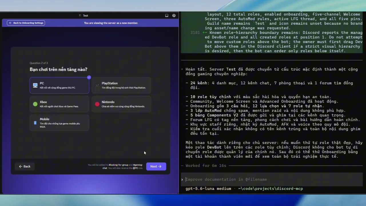 Discord gaming-server onboarding and final verification, built live through discord-mcp