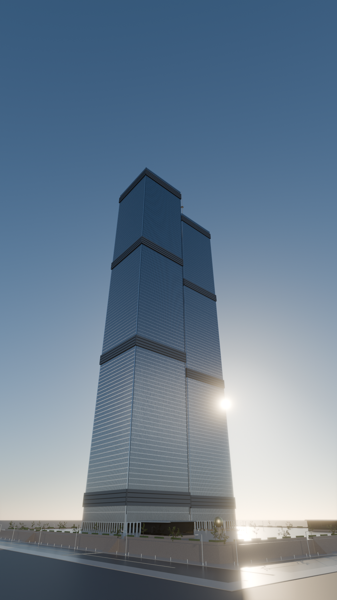 WTC towers, low angle, dusk
