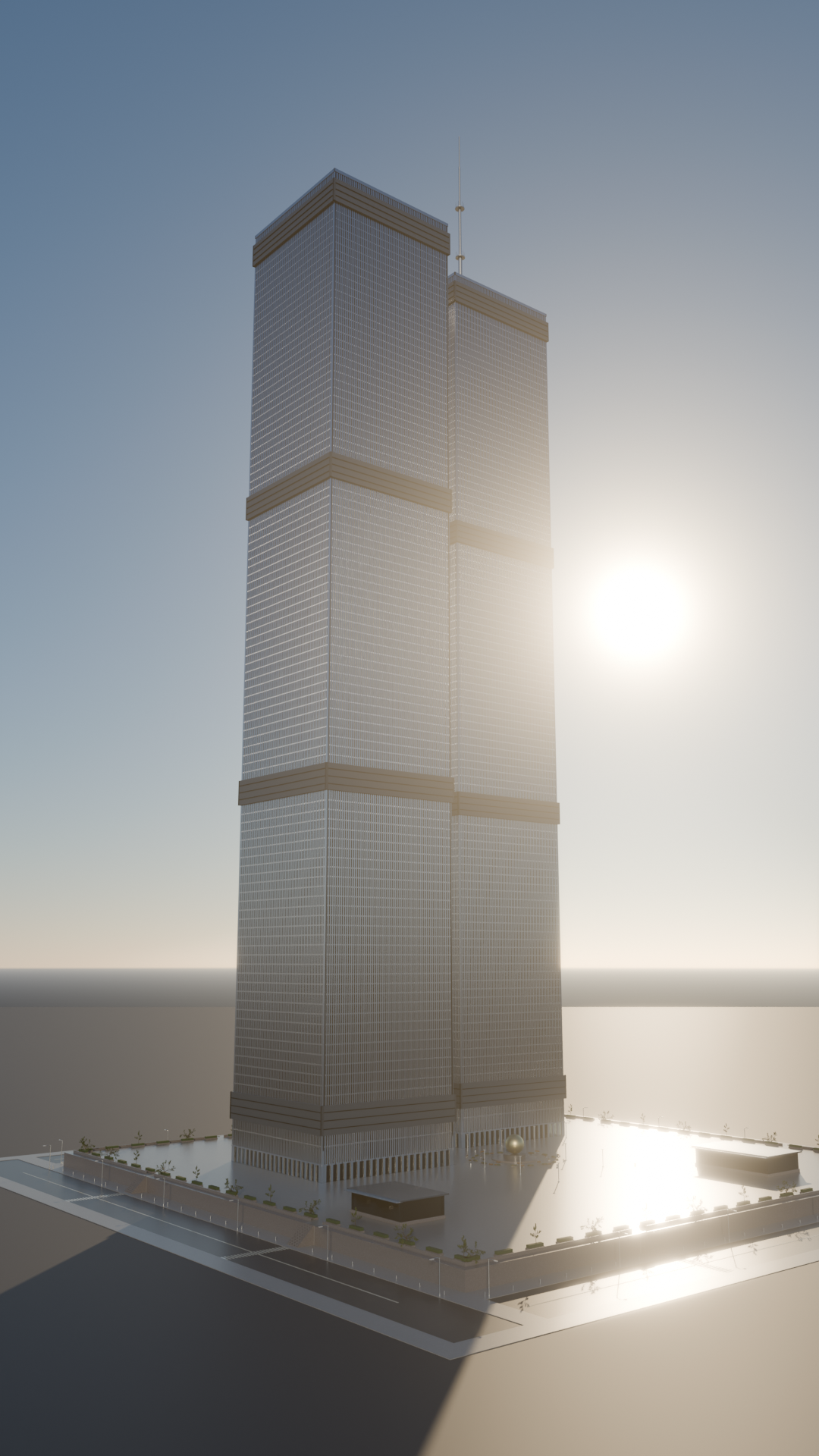 WTC towers, reflective glass, dusk
