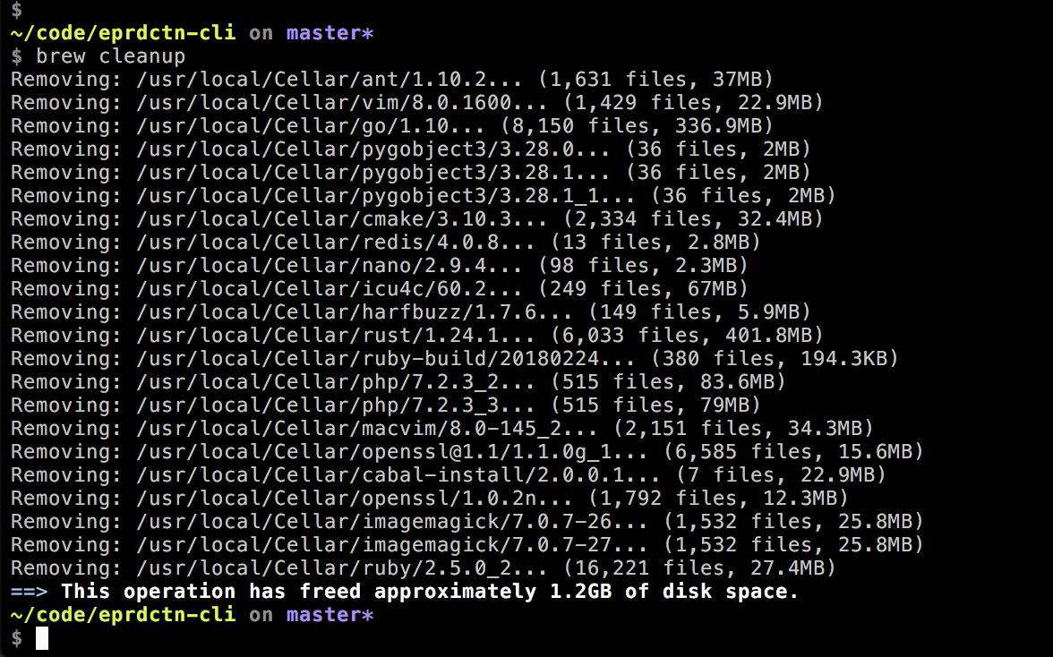 Homebrew cleanup showing a listing of removed packages and how much disk space was saved in the process.