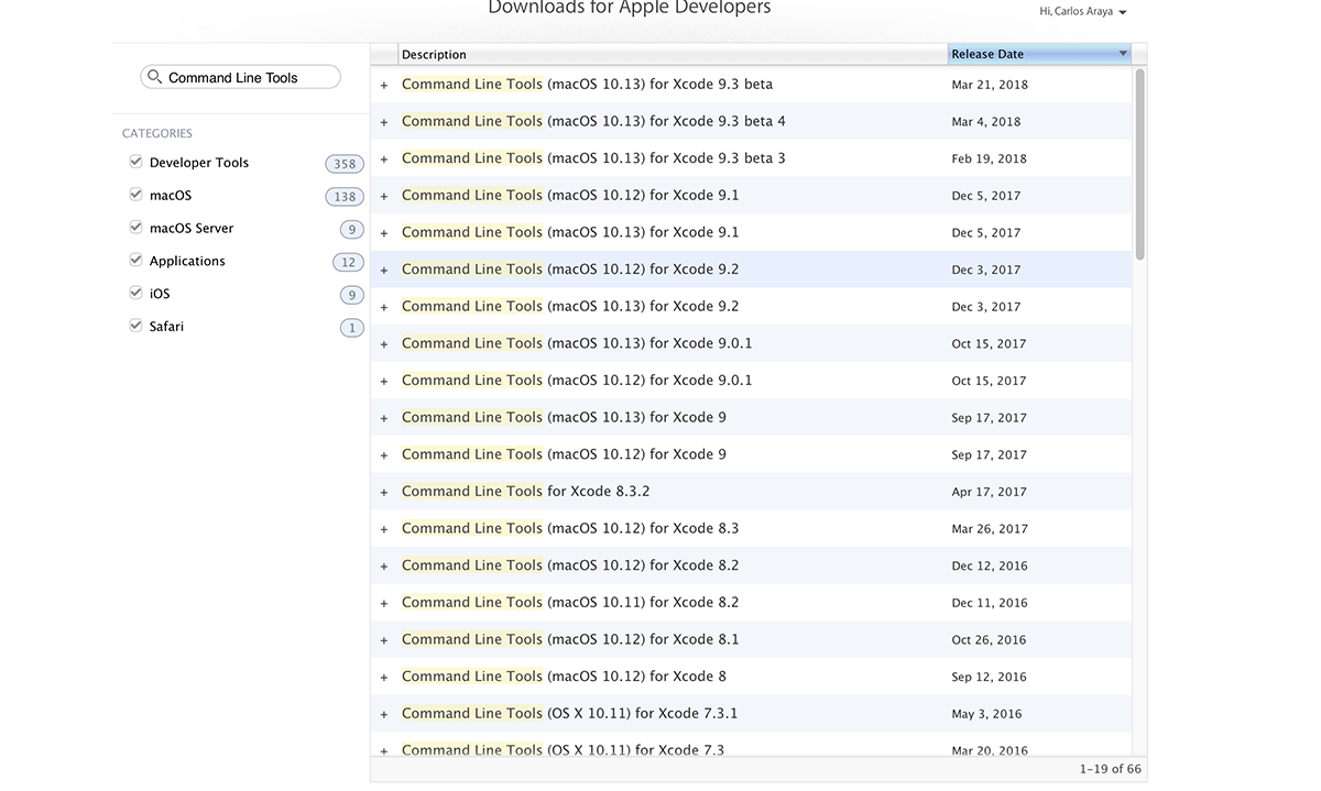 Command Line Tools For Xcode download screen