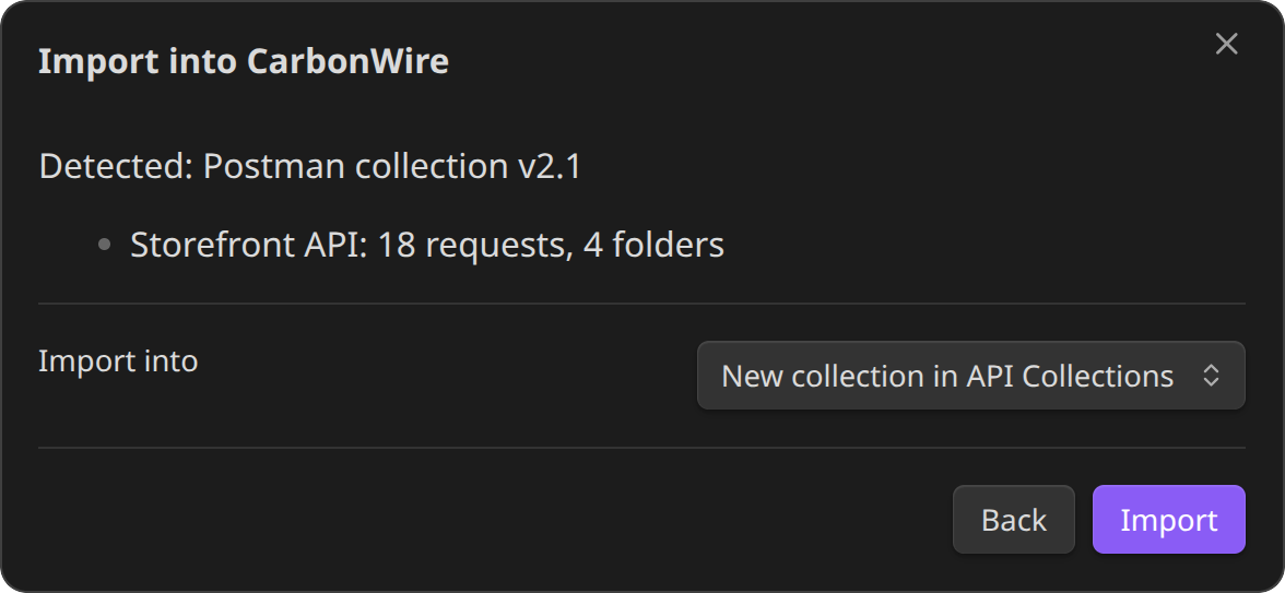 Import dialog detecting a Postman collection