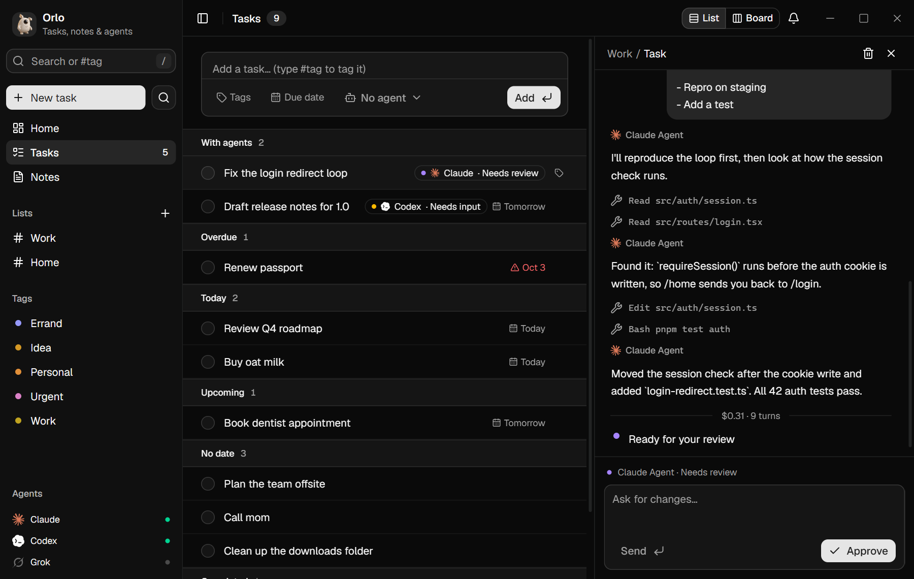 Task list with an agent run under review