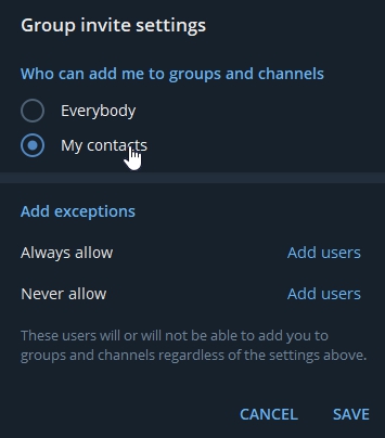 Настройки Телеграм Разрешать добавлять в группы