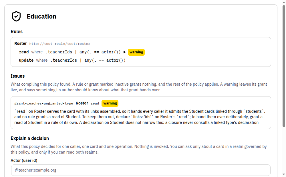 The warning mark beside a live read grant, and the warning pill on its Issues entry