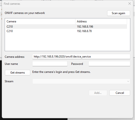 The Find cameras dialog listing two cameras