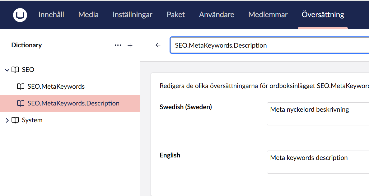 Dictionary items with Swedish and English translations in the Translation section