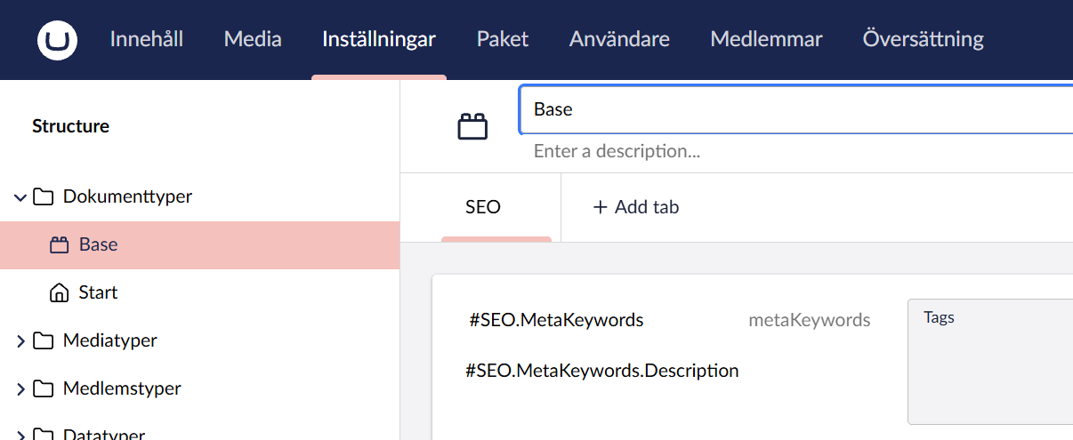 Document-type design editor showing raw hash-key tokens