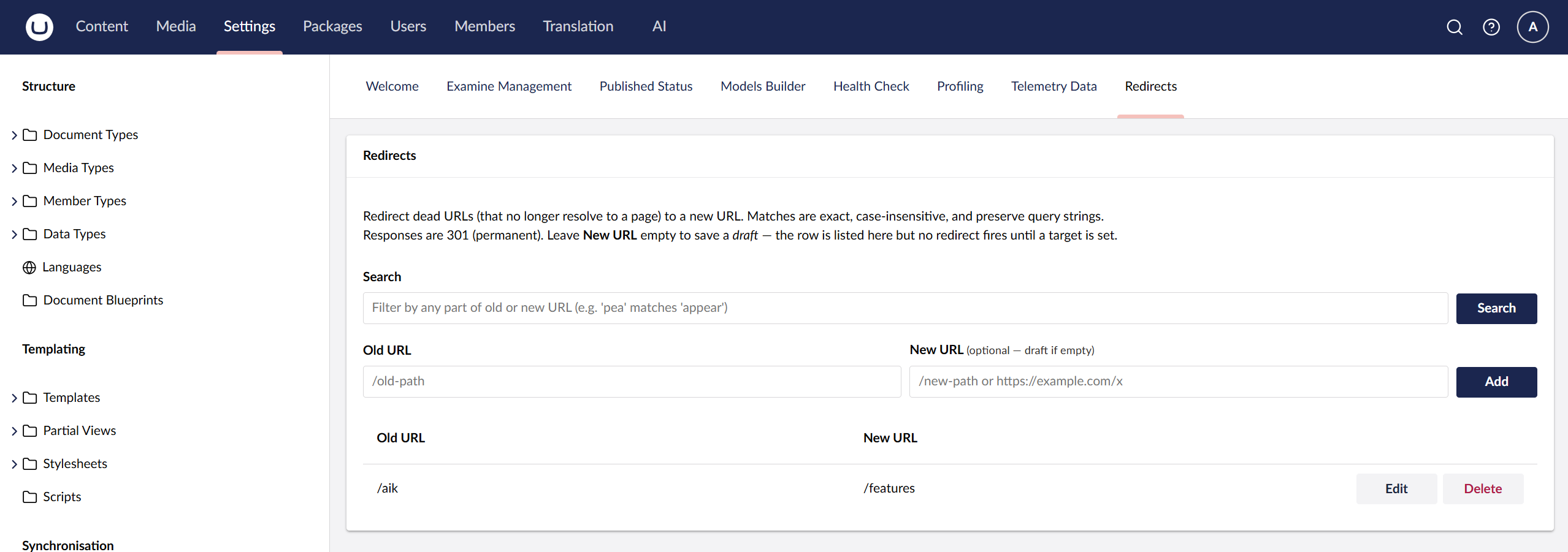 Redirects dashboard