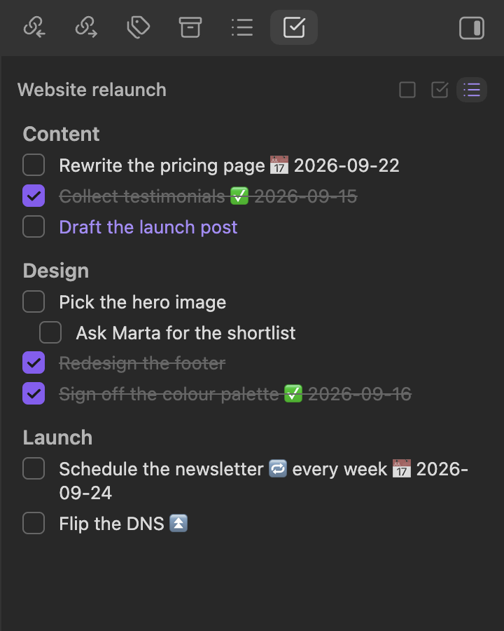 The panel with tasks grouped under their headings