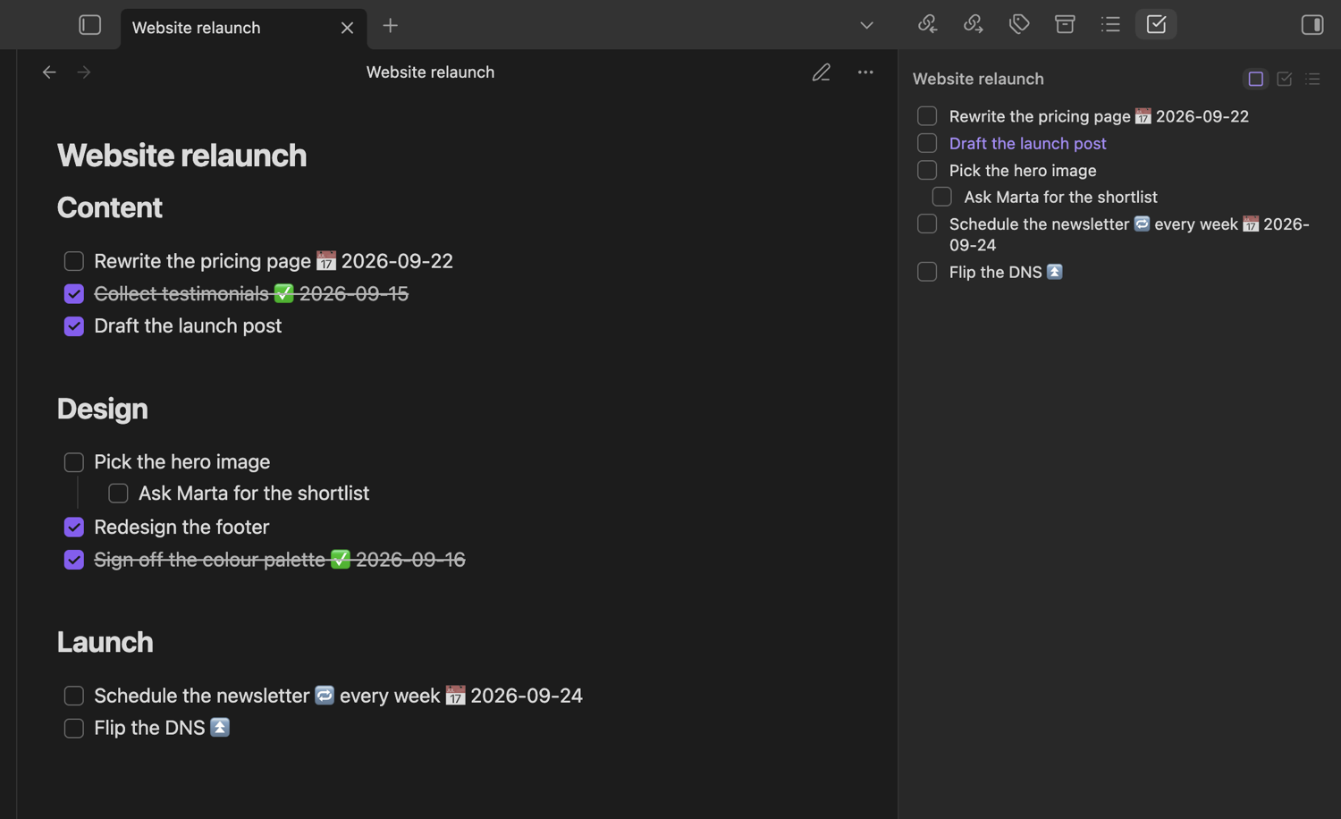 The Task Overview panel beside a note